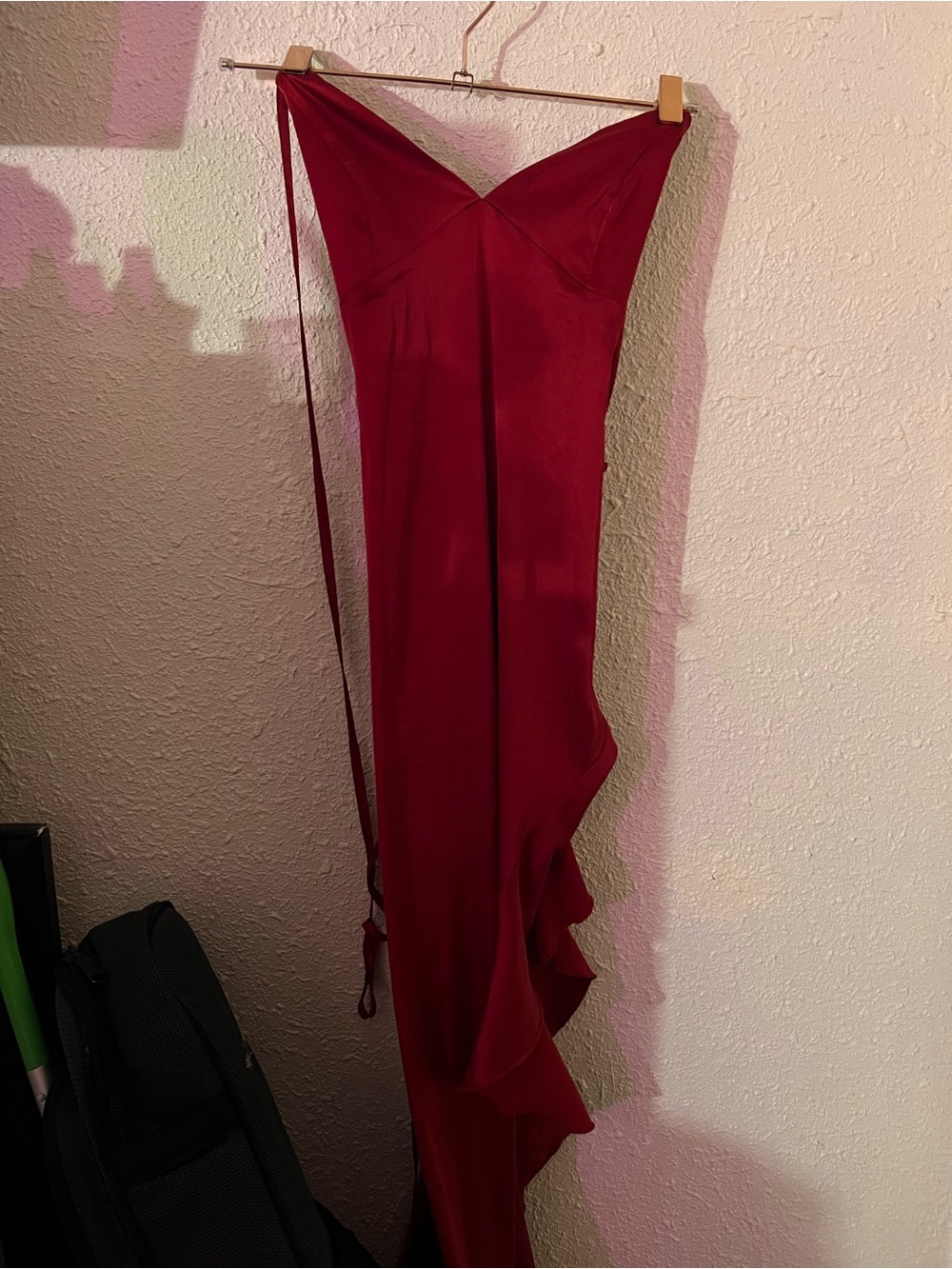 Elegant Burgundy Satin Slip Dress with Ruffle Detail